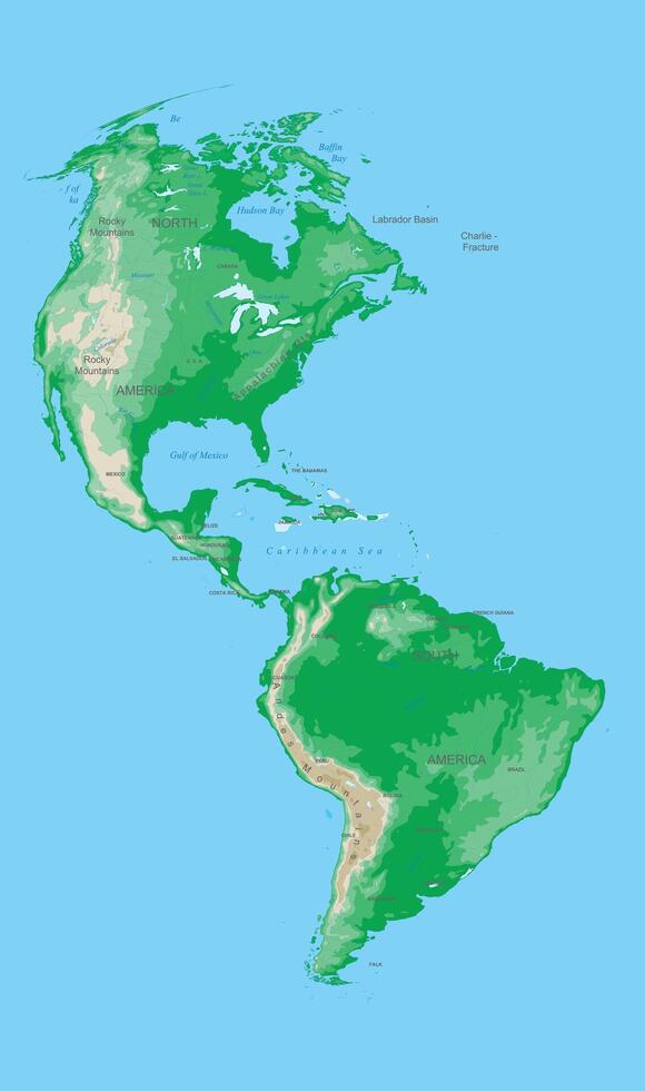 Flat design illustration of the North and South America map with surrounding oceans, symbolizing geography, continents, and global awareness in a clean and educational style. vector