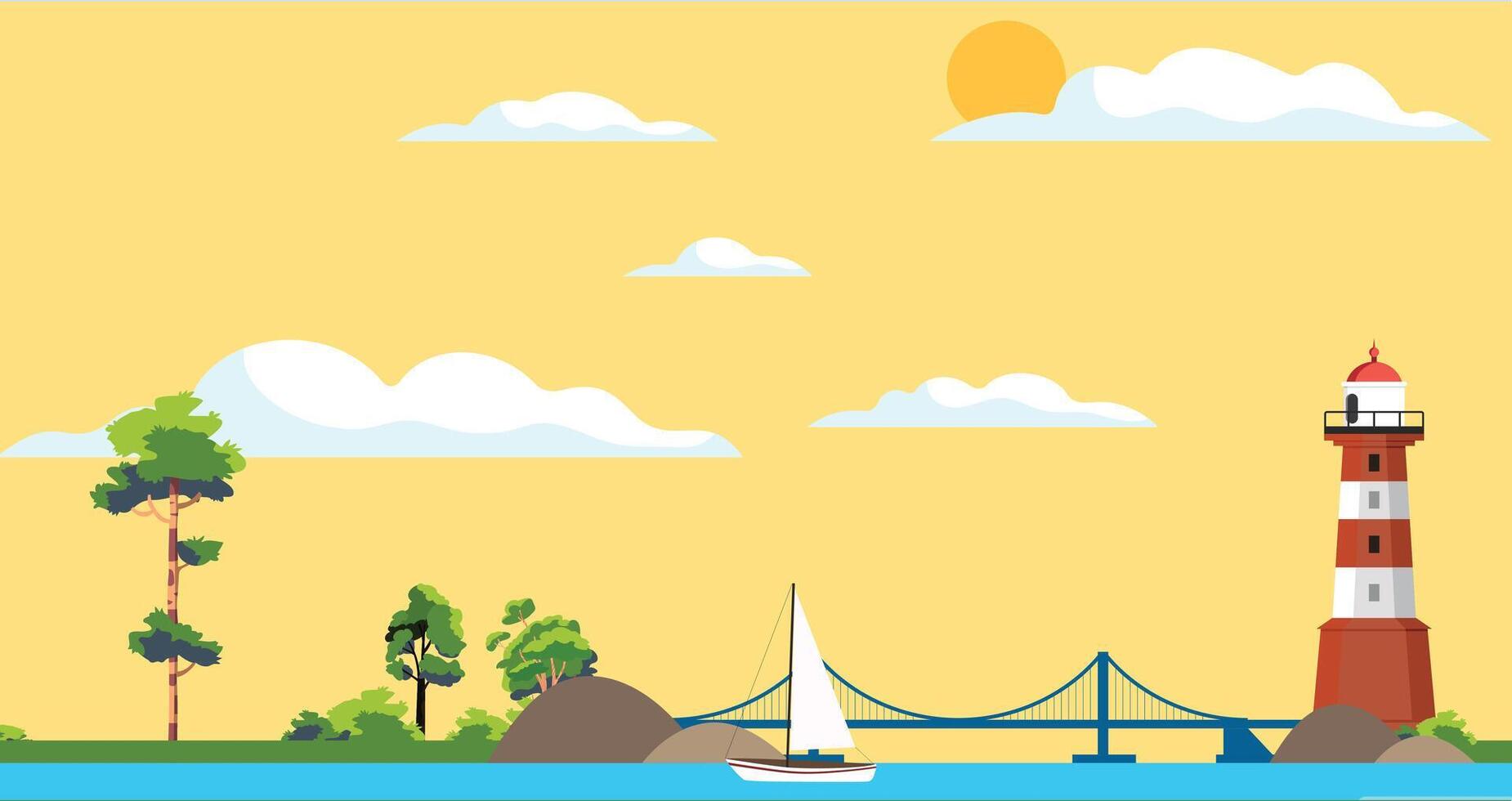 illustration of a sea shore with a lighthouse, trees, and a bridge, creating a serene coastal landscape with natural beauty and a peaceful atmosphere in a minimalist style vector
