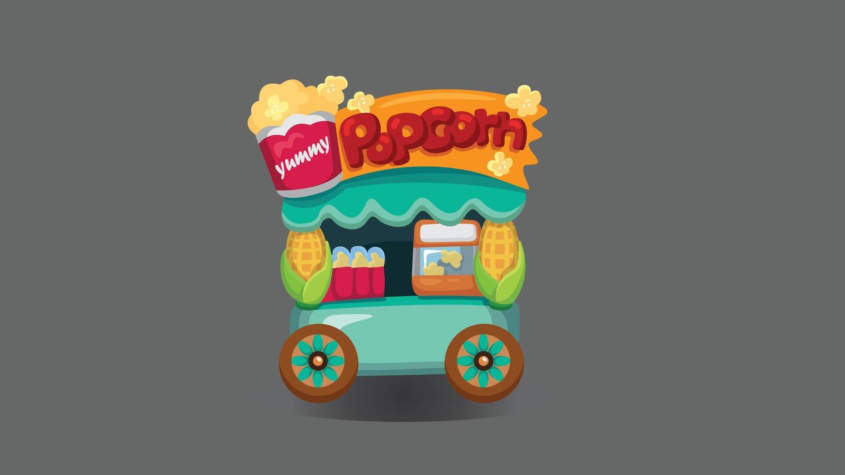 Stylized illustration of a popcorn cart on a gray background. Features a turquoise cart with POPCORN sign in red letters, popcorn bucket labeled 'yummy', corn cobs, and decorative wheels. vector