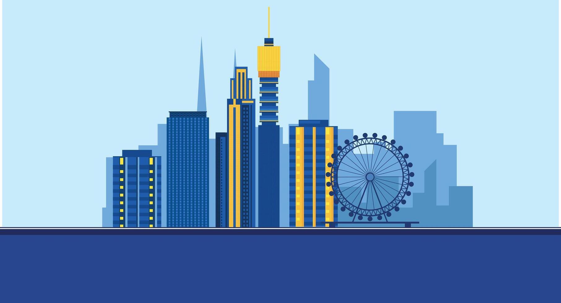 Flat design illustration of a London cityscape featuring iconic landmarks like Big Ben, the London Eye, and modern buildings, capturing the essence of the city's skyline on a clean background. vector