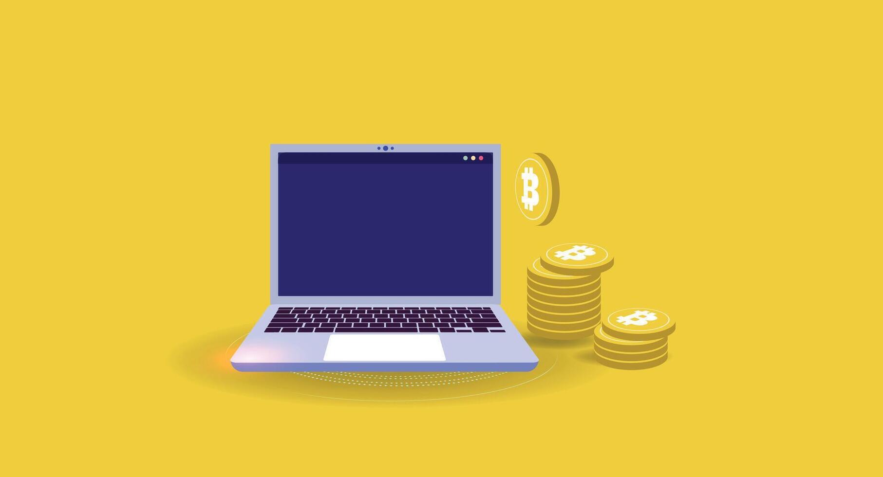 Flat-style illustration showing a laptop screen with charts and digital cryptocurrency coins like Bitcoin and Ethereum, symbolizing online trading, blockchain vector