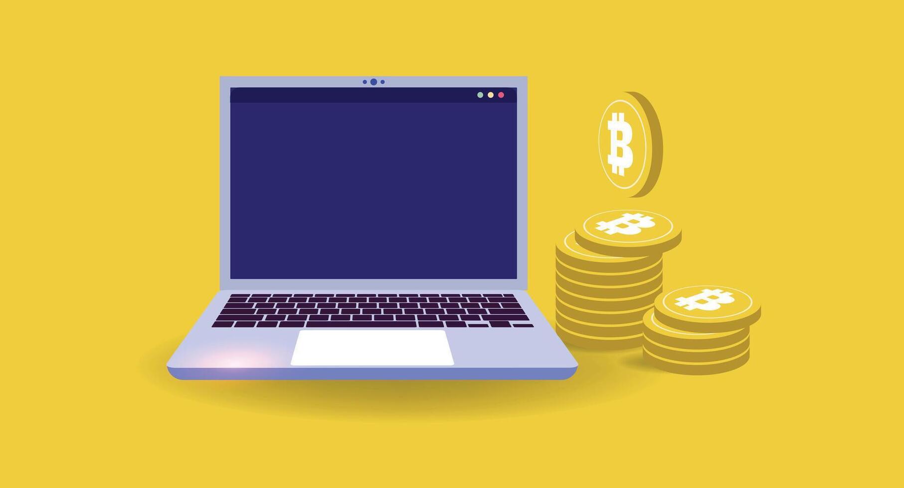 Flat-style illustration showing a laptop screen with charts and digital cryptocurrency coins like Bitcoin and Ethereum, symbolizing online trading, blockchain, and digital finance. vector