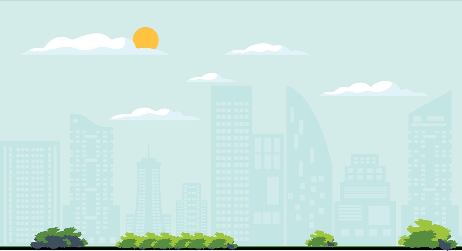 Stylized flat illustration of a cityscape featuring buildings, trees, garden bushes, and decorative elements, blending urban life with greenery in a clean, modern, and vibrant design. vector