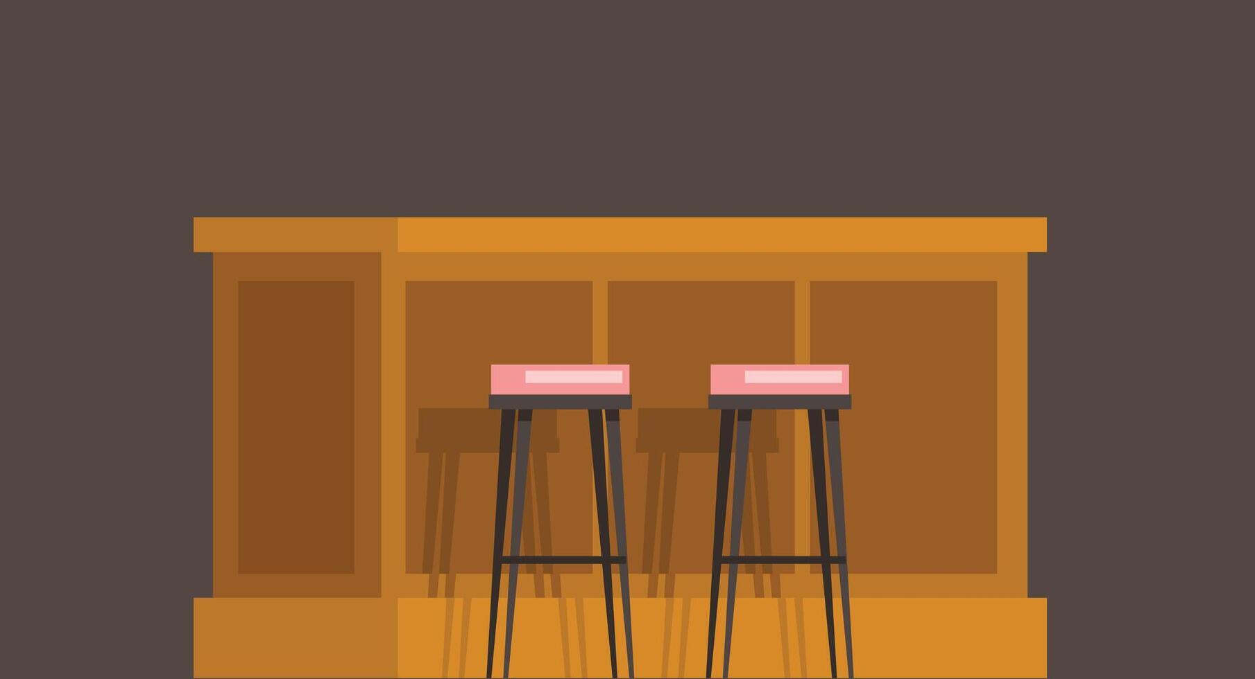 Flat-style illustration of a modern bar inside a lively club, featuring high stools lined up at the counter, soft lighting, and a vibrant nightlife atmosphere with bottles and glassware on shelves. vector