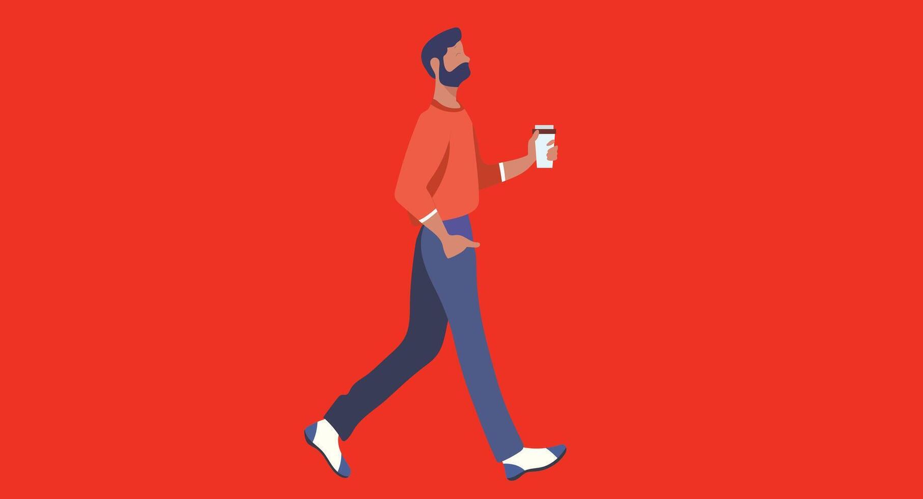 Flat design illustration of a person walking while holding a coffee cup in hand, symbolizing a casual morning routine, energy boost, and modern lifestyle in a clean and minimal visual style. vector