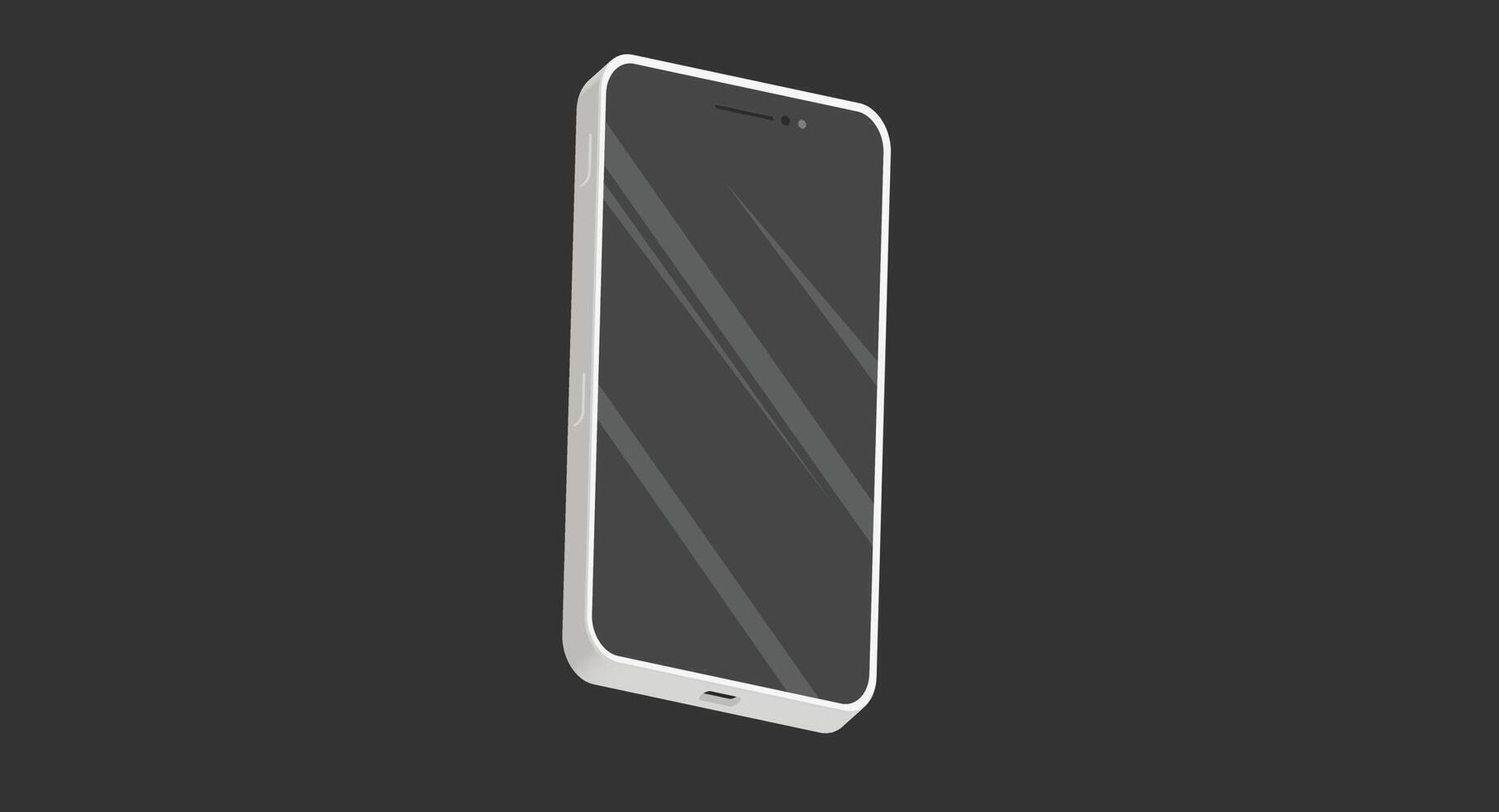 Isometric flat design illustration of a smartphone displayed against a solid black background, showcasing the sleek design, screen, and modern tech features in a minimalist style. vector
