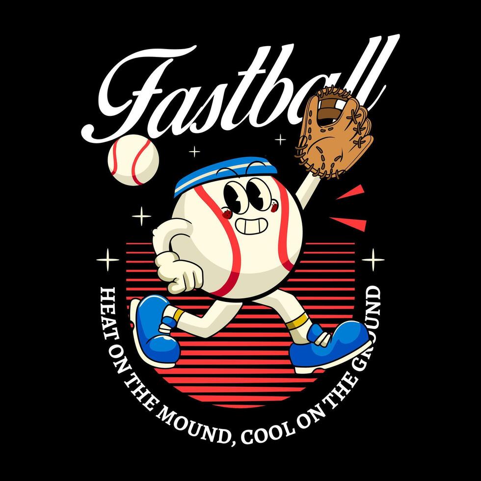 Retro cartoon baseball character with glove, running in action. Fun sporty mascot design perfect for apparel, stickers, and baseball-themed graphics vector