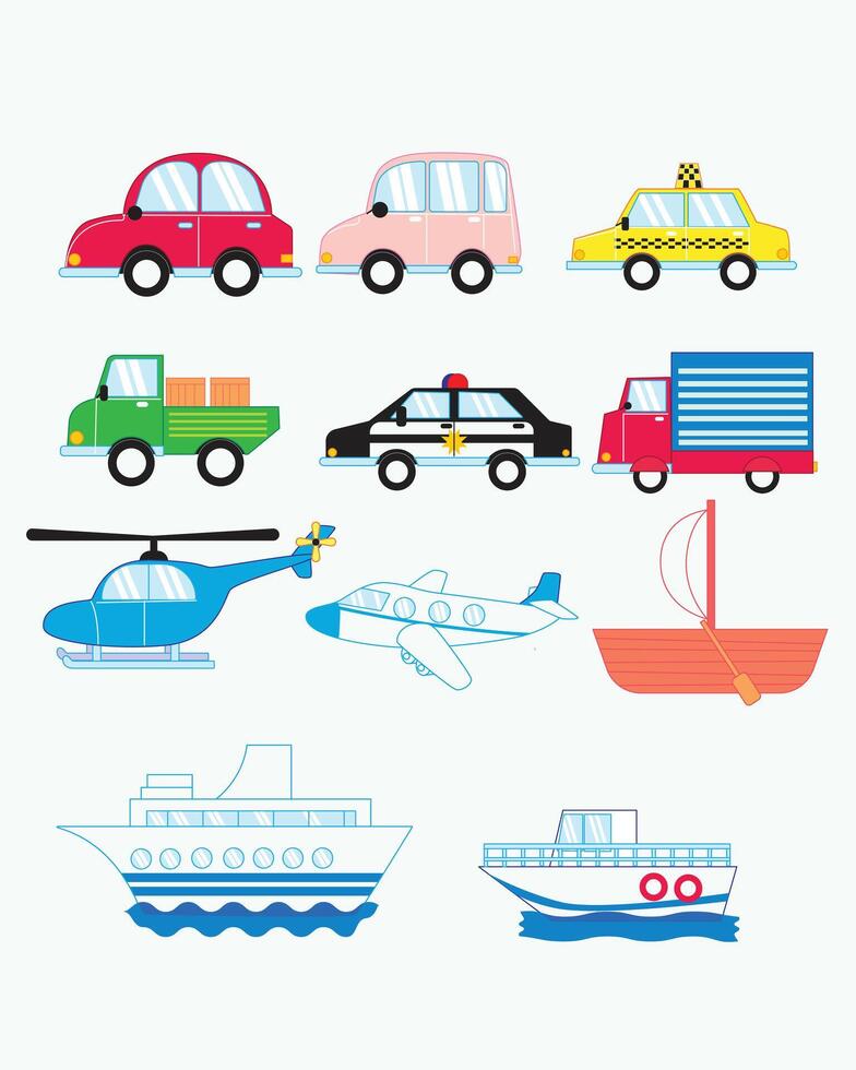 Collection of various transport vehicles including cars, trucks, helicopter, airplane, and boats for travel. vector