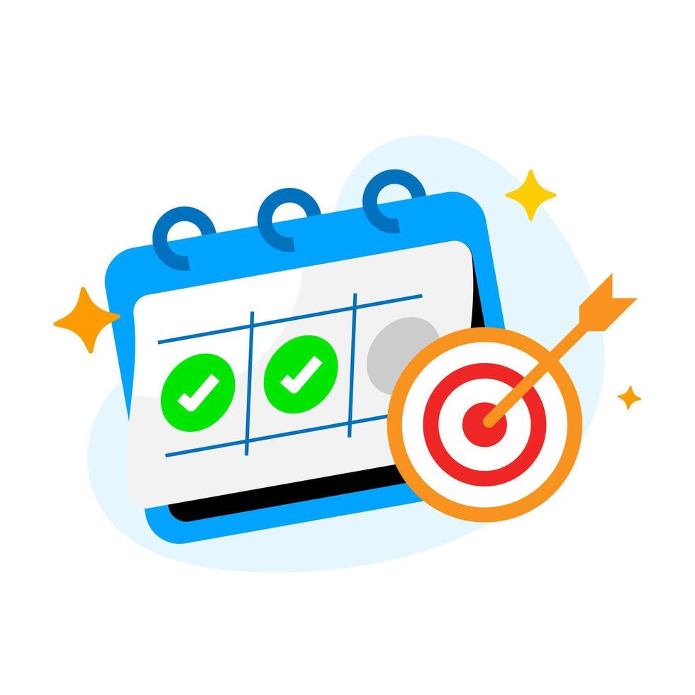 flat illustration of daily goal tracking with calendar, check mark, and target dartboard. for productivity apps, habit tracker, personal growth, motivation, and time management concepts vector