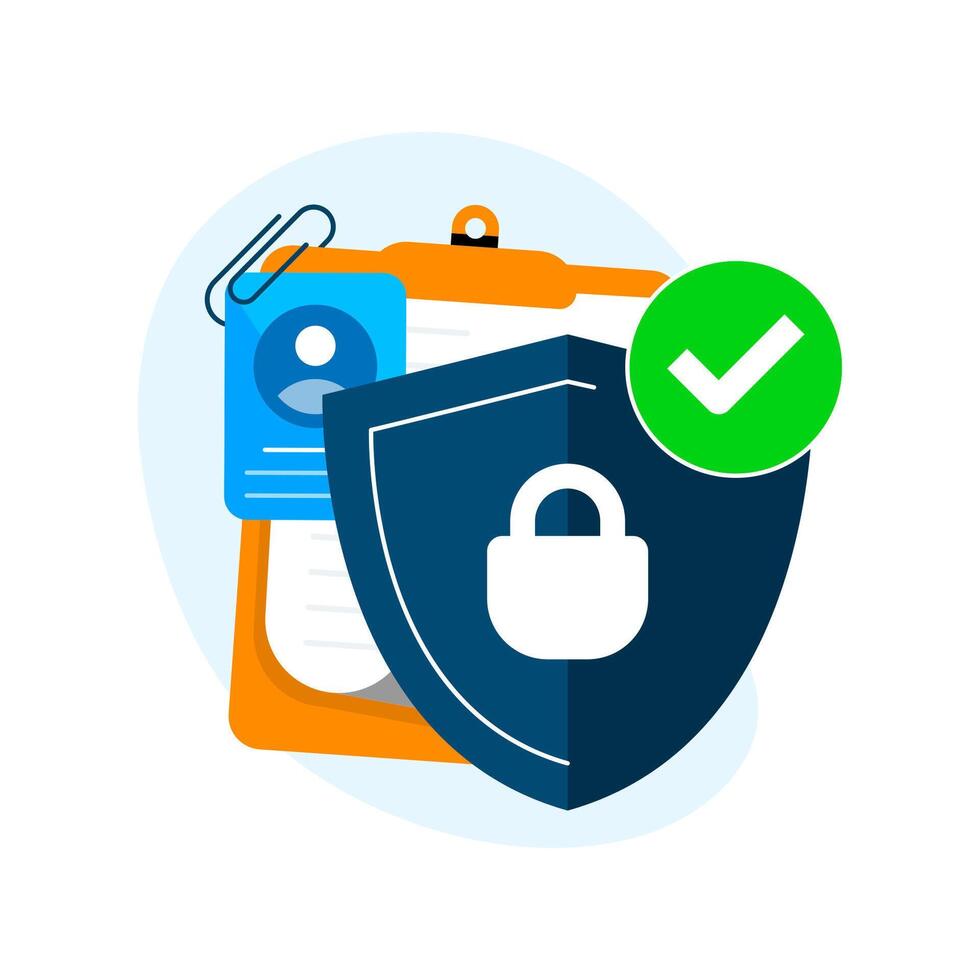 User data protection concept illustration. ID document and shield icon for strong privacy, cyber security, and personal information safety. Secure identity verification, encryption, GDPR compliance vector
