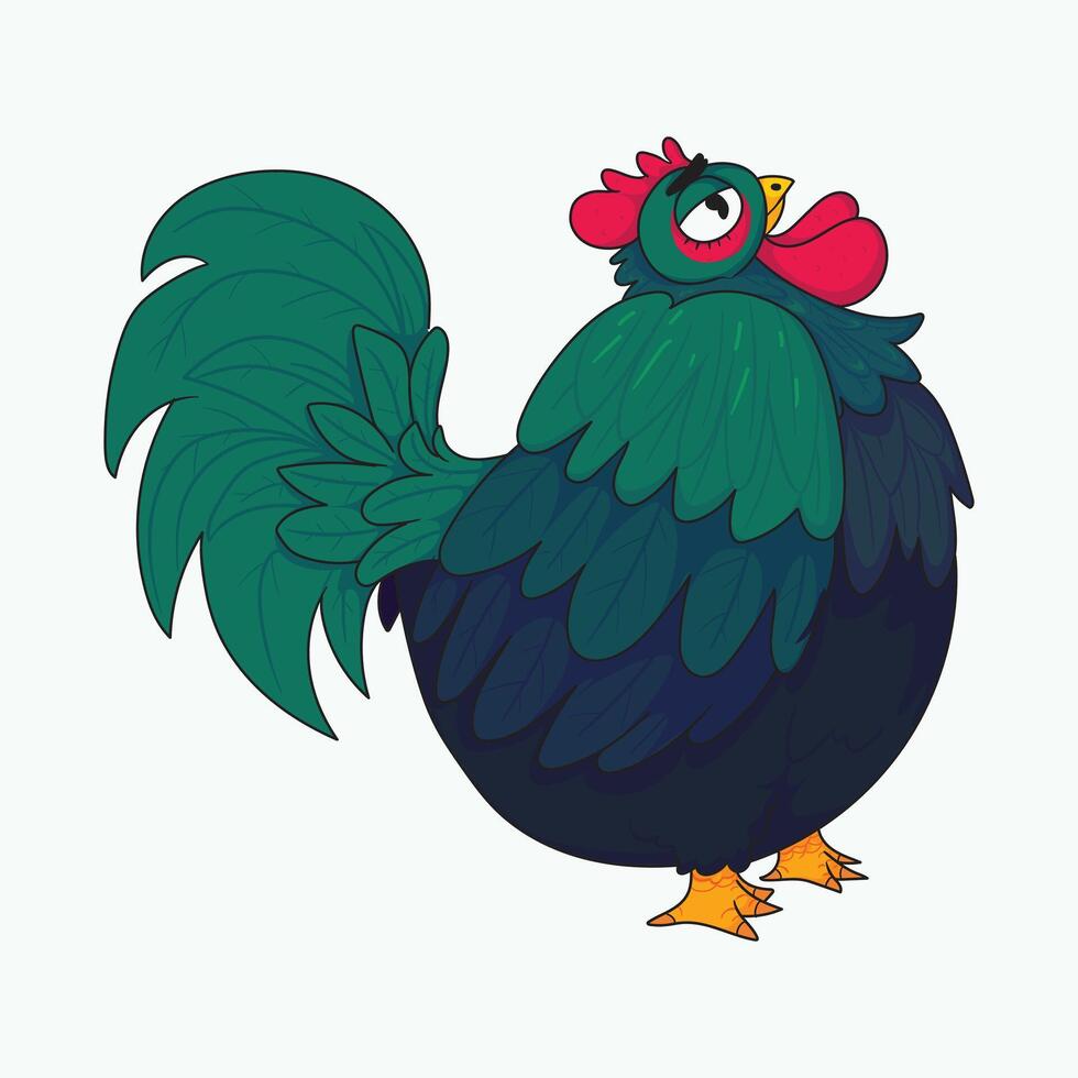 Cute and funny cartoon rooster with green and blue feathers, isolated on white, symbolizing farm life vector
