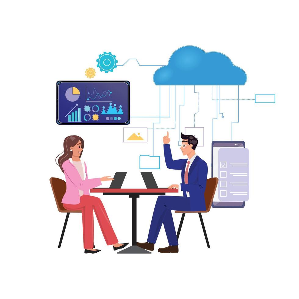Cloud computing illustration with professionals collaborating on data analytics and digital workflow vector