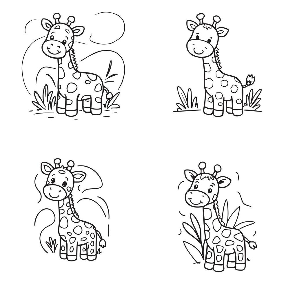 Sweet and Smiling Giraffes Coloring Page Set Fun Printable Artwork for Childrens Activities, Creative Exploration, or Relaxing Weekend Art Sessions vector