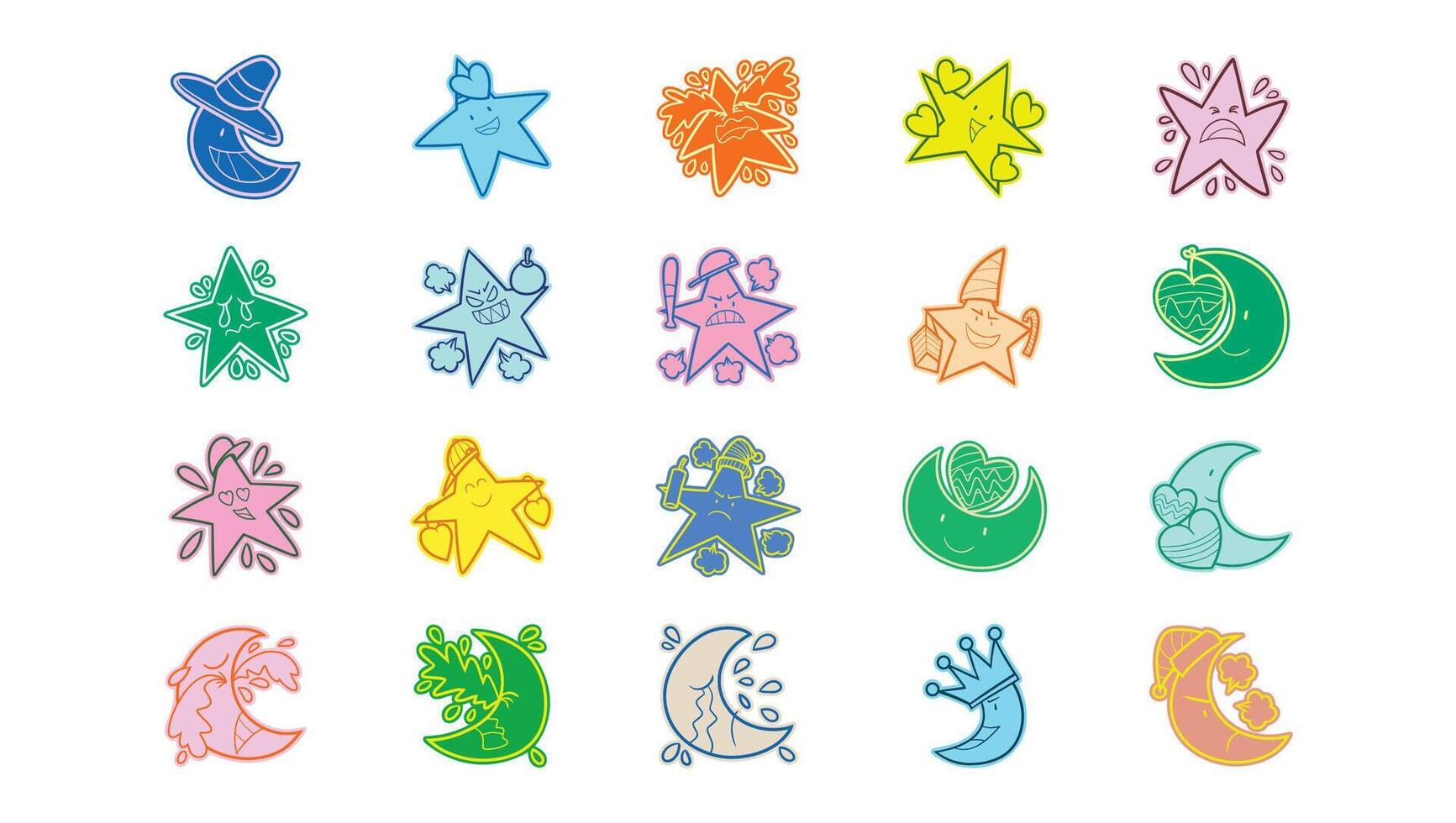 Funny Cartoon Star and Moon Character Icons vector
