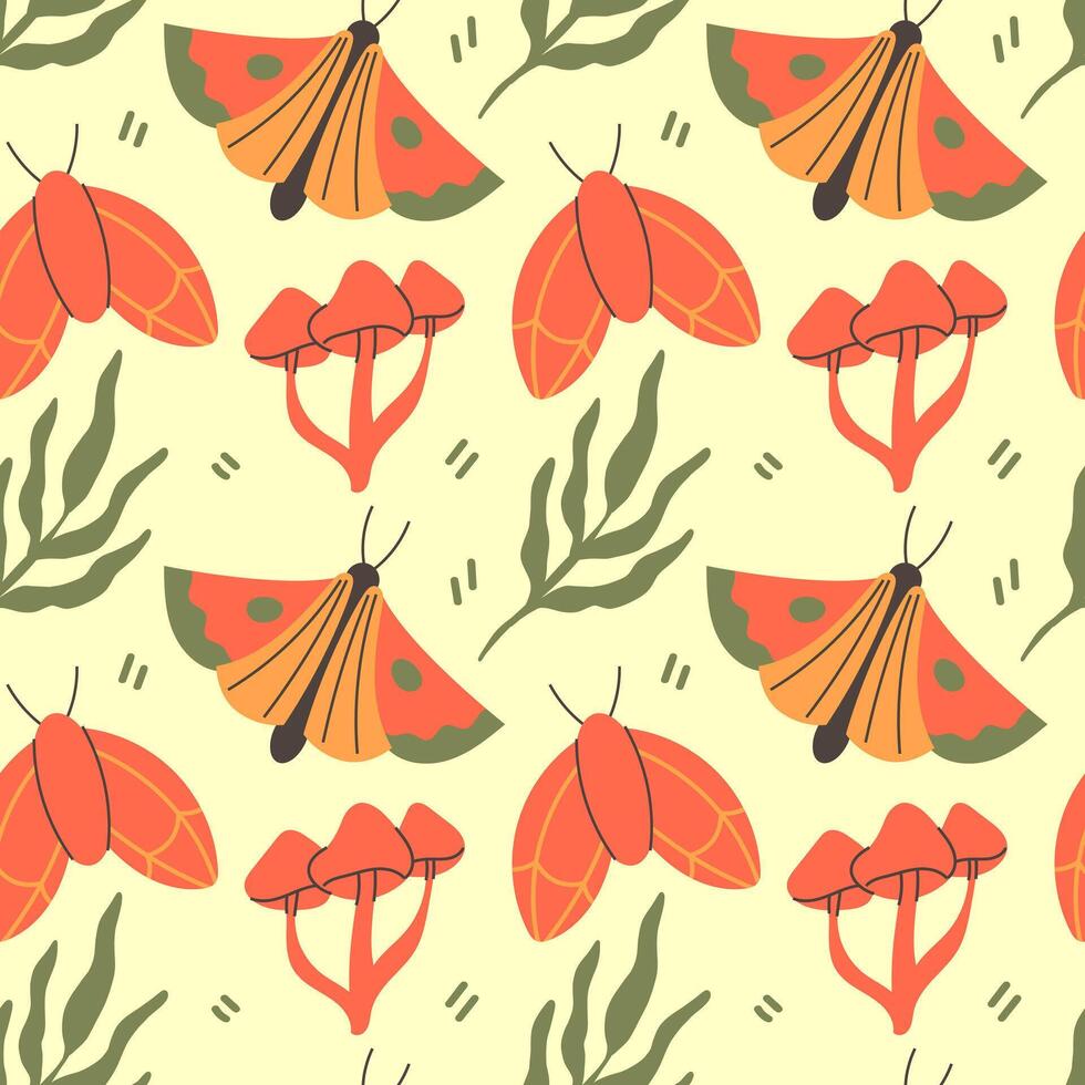 Mystical seamless pattern with moths, mushrooms vector