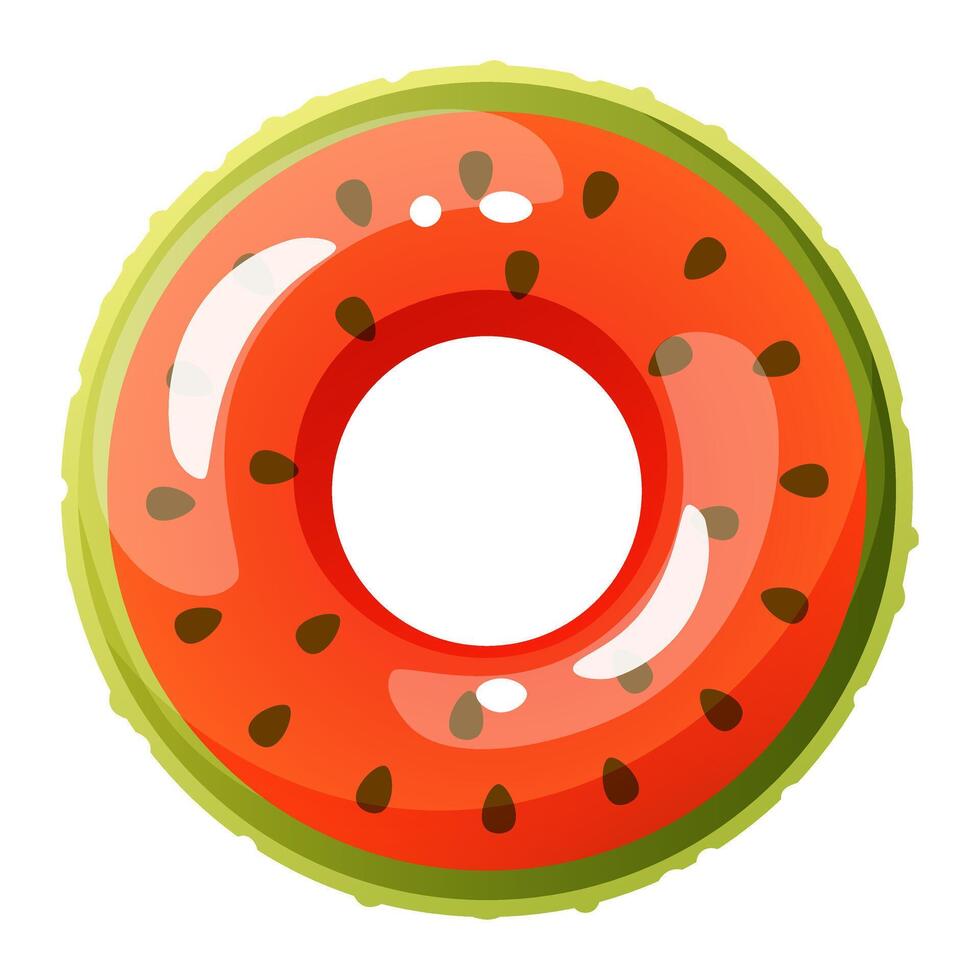 Inflatable swimming circle in the form of a watermelon. Bright lifebuoy, inflatable toy float. Summer accessory for swimming on the beach, in the pool. cartoon illustration. vector