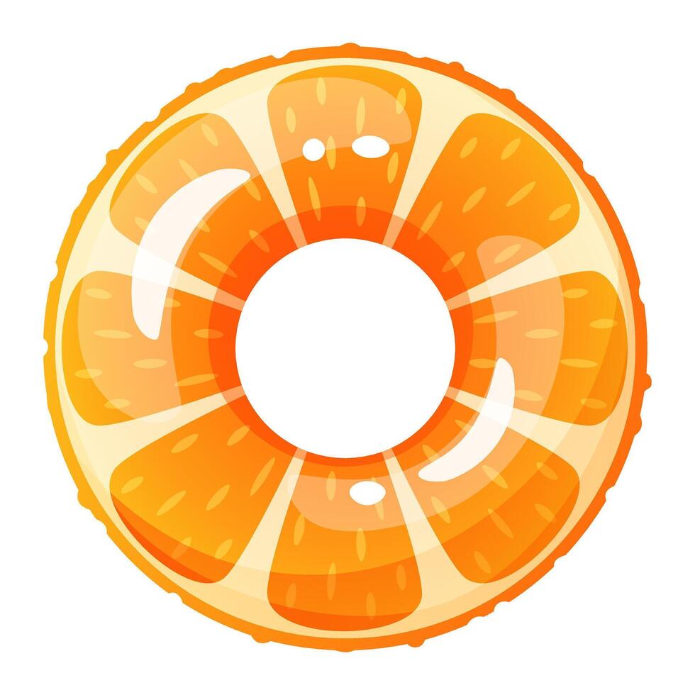 Inflatable swimming circle in the form of an orange slice. Bright lifebuoy, inflatable toy float. Summer accessory for swimming on the beach, in the pool. cartoon illustration. vector