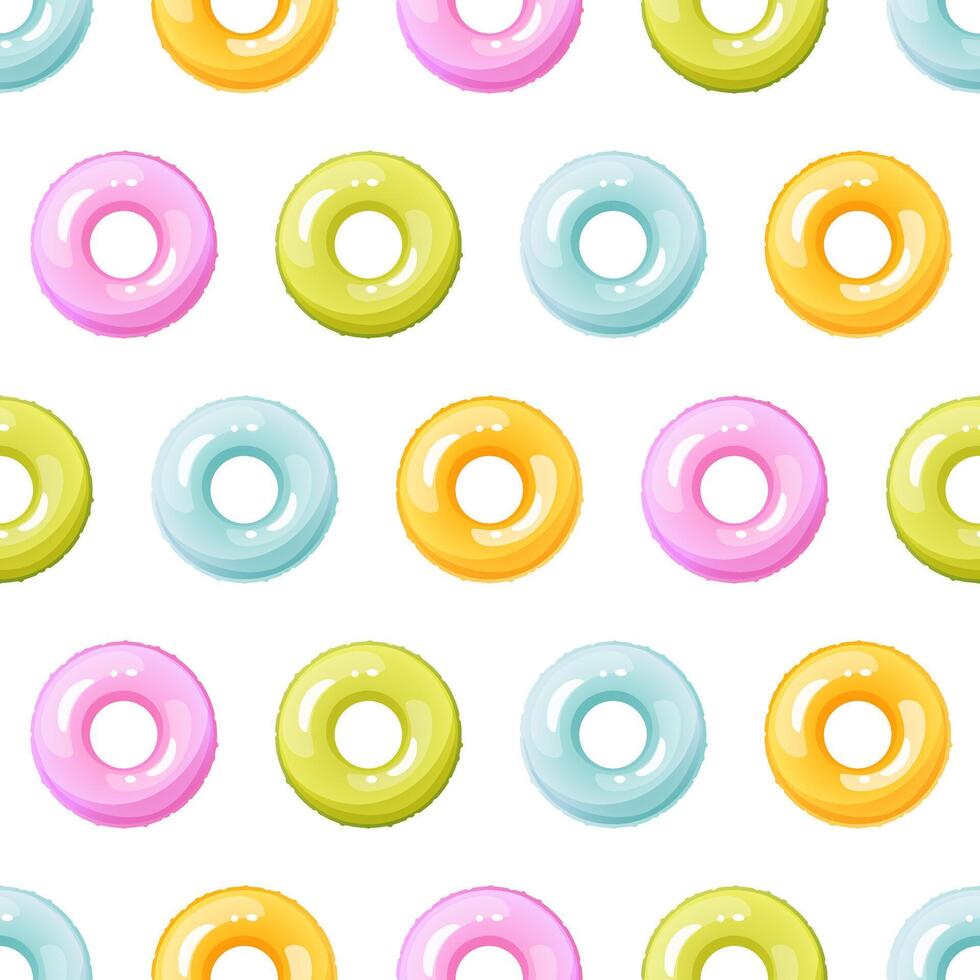 Seamless pattern of colorful inflatable swimming rings. Bright lifebuoy, inflatable float toy. Summer accessory for swimming on the beach, in the pool. vector