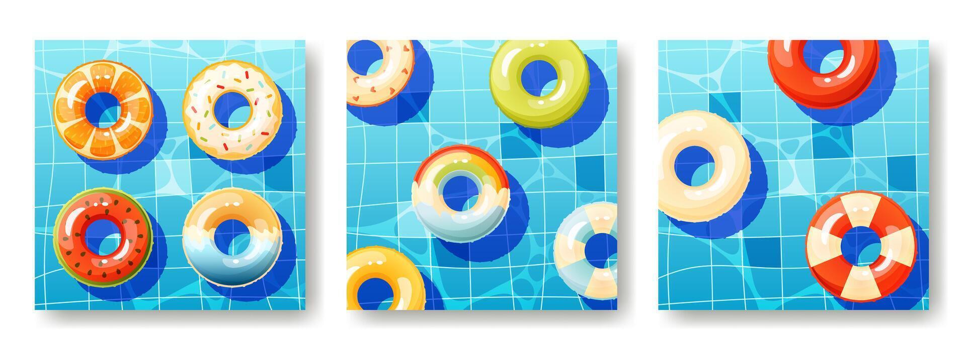 Set of three summer pool backgrounds with space for text, square postcard, poster. Multicolored inflatable circles floating on the surface of the water, top view. Lifebuoy for the ocean, sea. vector