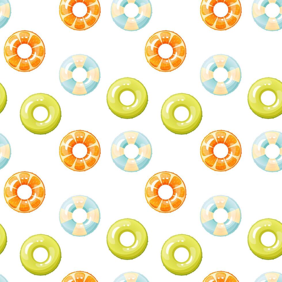 Seamless pattern of colorful inflatable swimming rings. Bright lifebuoy, inflatable float toy. Summer accessory for swimming on the beach, in the pool. summer pattern. vector