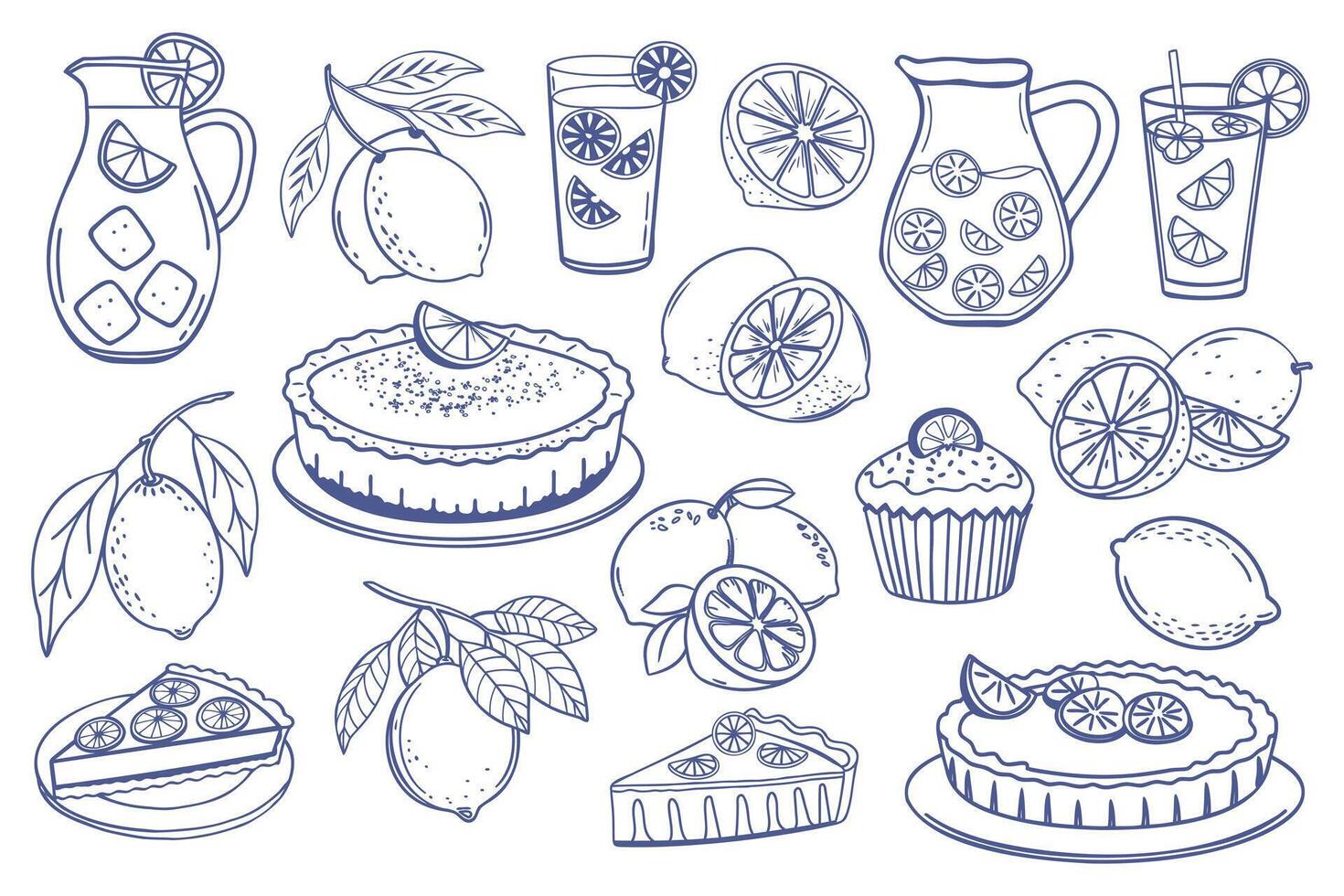 Set of hand drawn illustrations of lemonade and lemon desserts. Lemons, lemonade, lemon pie, cake, cupcake. Hand drawn sketch illustration vector