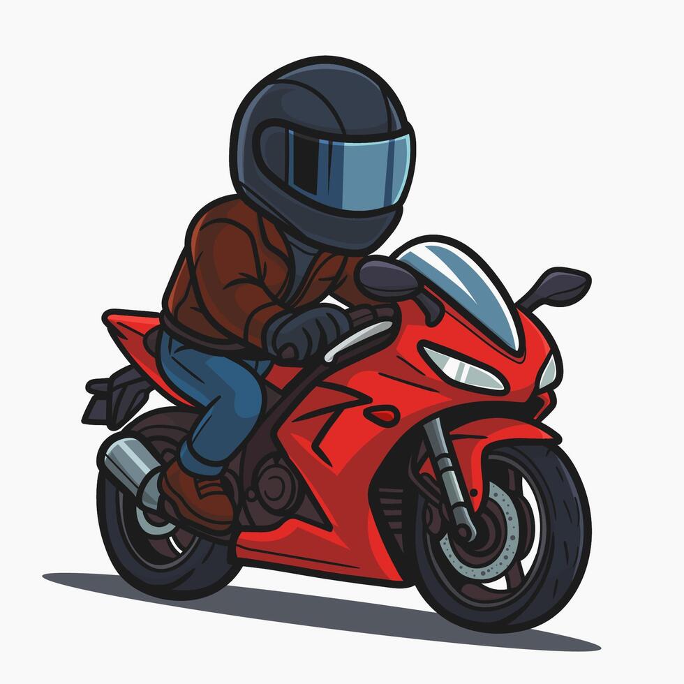 The driver of a motorcycle clad in a leather jacket and riding. Lover Biker Touring. Red sport cartoon vector
