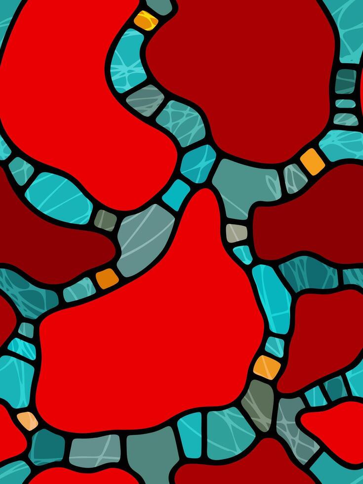 Seamless abstract stained glass pattern with red bionic shapes and turquoise accents vector