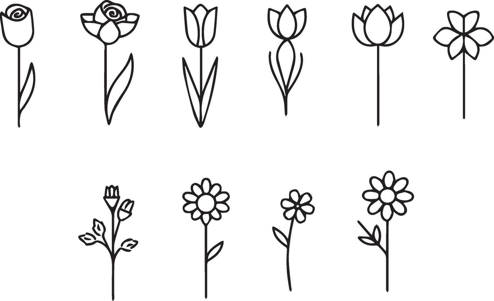 Black silhouette flower line icon set illustration. Blooming flower of rose, tulip, daisy bouquet, sunflower, lotus, chamomile, dandelion, chrysanthemum, lily vector