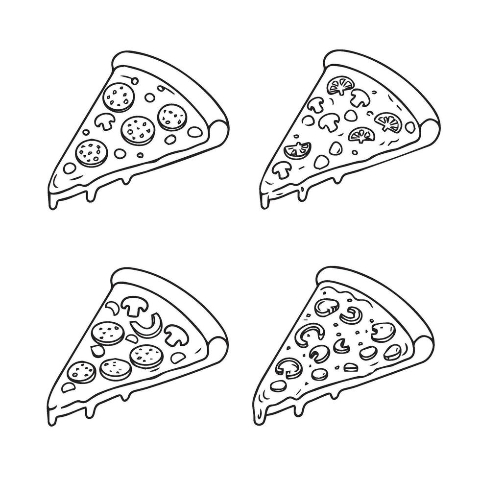 Tasty Hand Drawn Pizza Slice Set with Cheese and Tomato in Food Art Design vector
