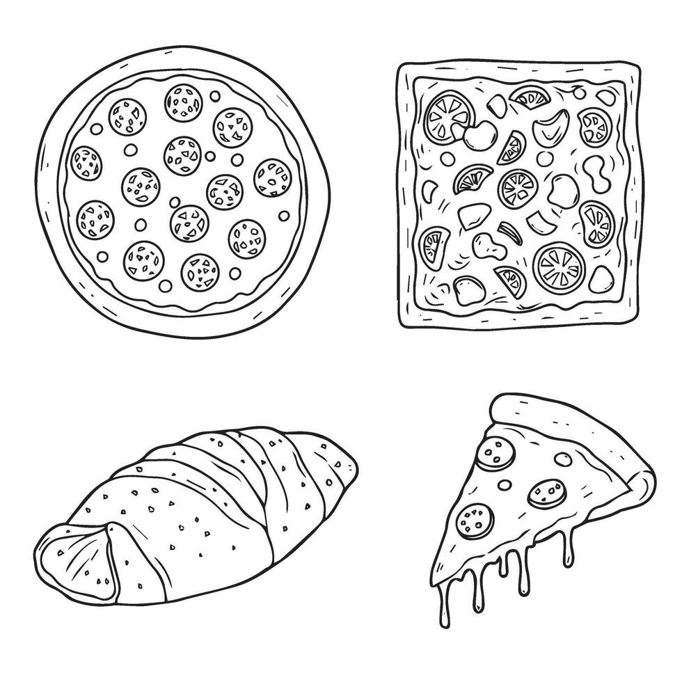 Pizza Illustration Collection Displaying Sliced Pies with Fun Doodle Style Art vector