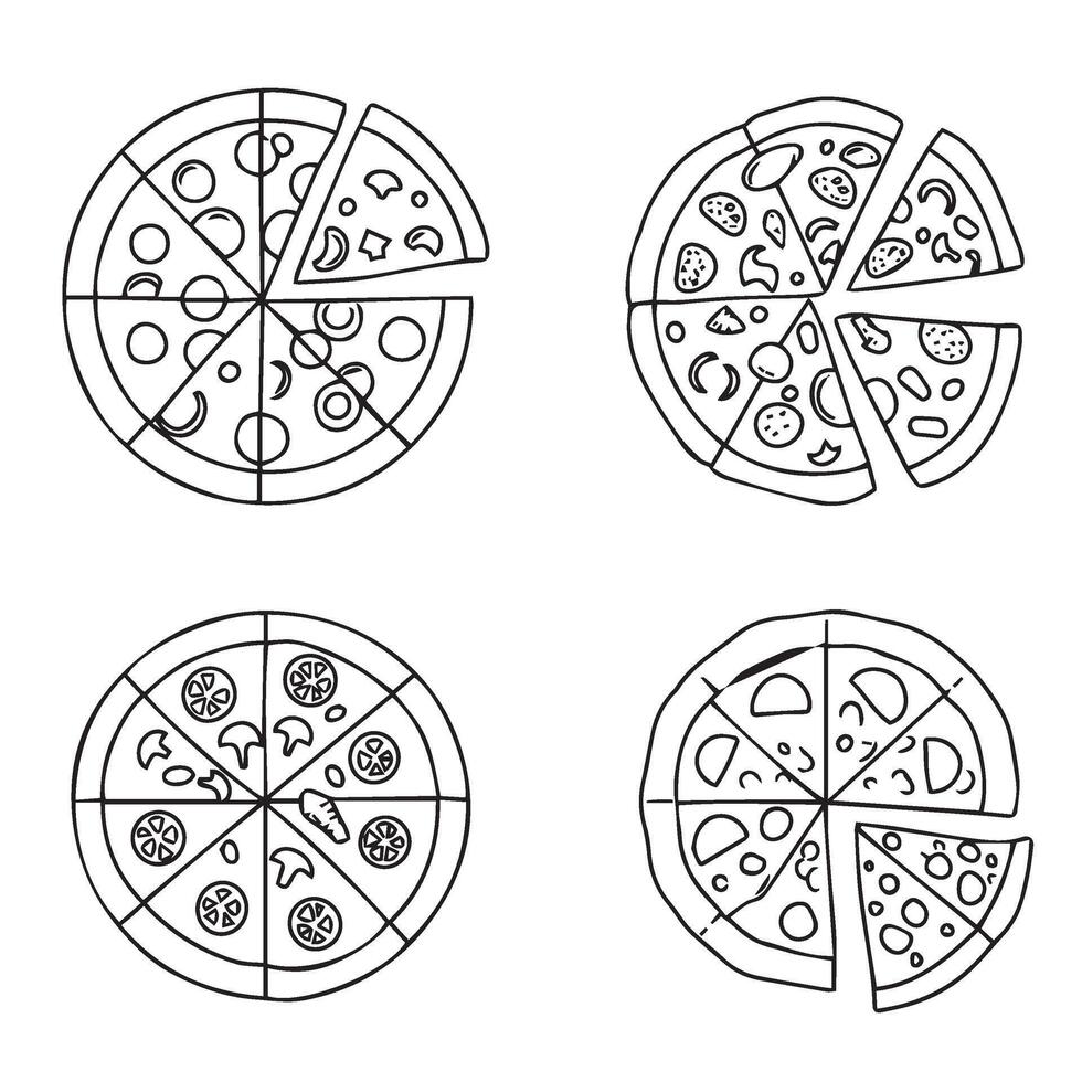 Creative Pizza Illustration Collection of Crusty Slices in Doodle Line Style vector
