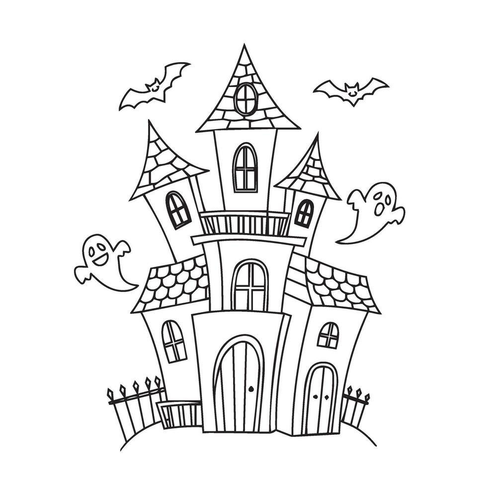 Haunted house with Halloween decorations including pumpkins and spooky elements vector