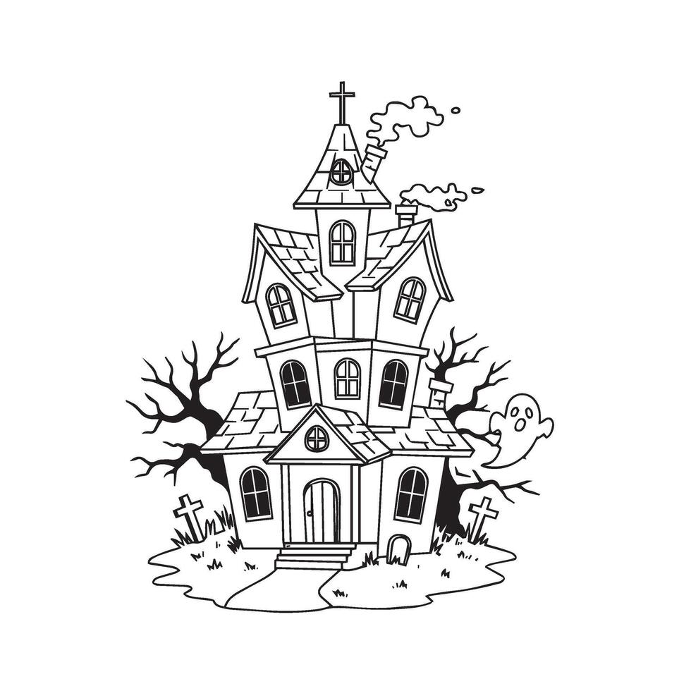 Scary haunted house drawing with eerie lights and spiderwebs surrounding the door vector