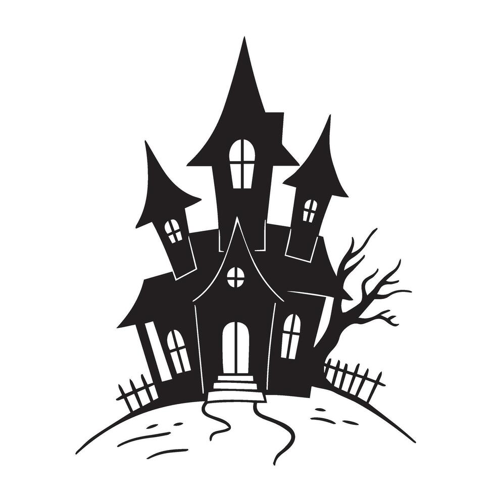 Haunted house with Halloween decorations and a chilling graveyard in the front vector