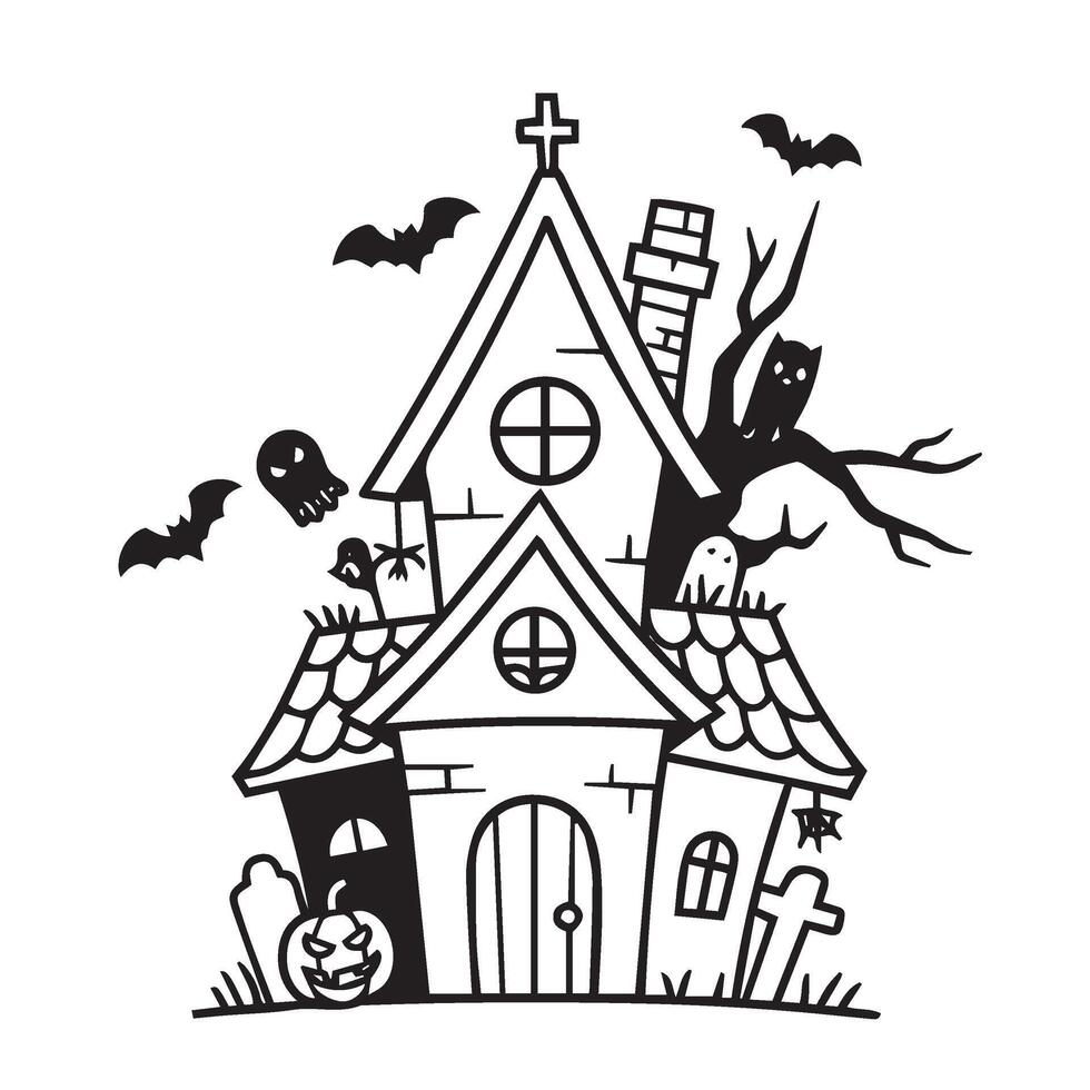 Scary haunted house drawing featuring bats ghosts and glowing pumpkins outside vector