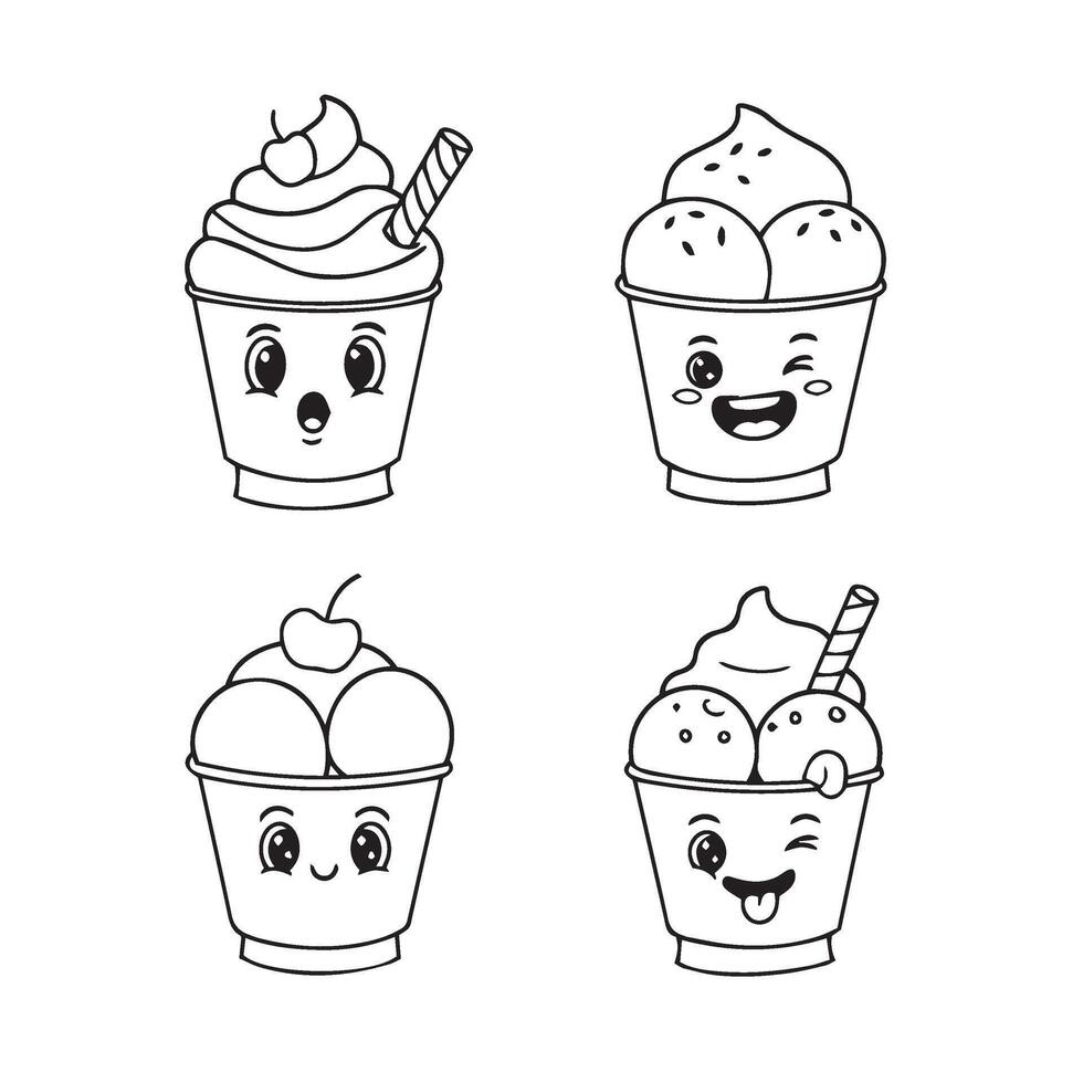 Black and White Ice Cream Outline with Cherries Sprinkles and Fun Cups vector