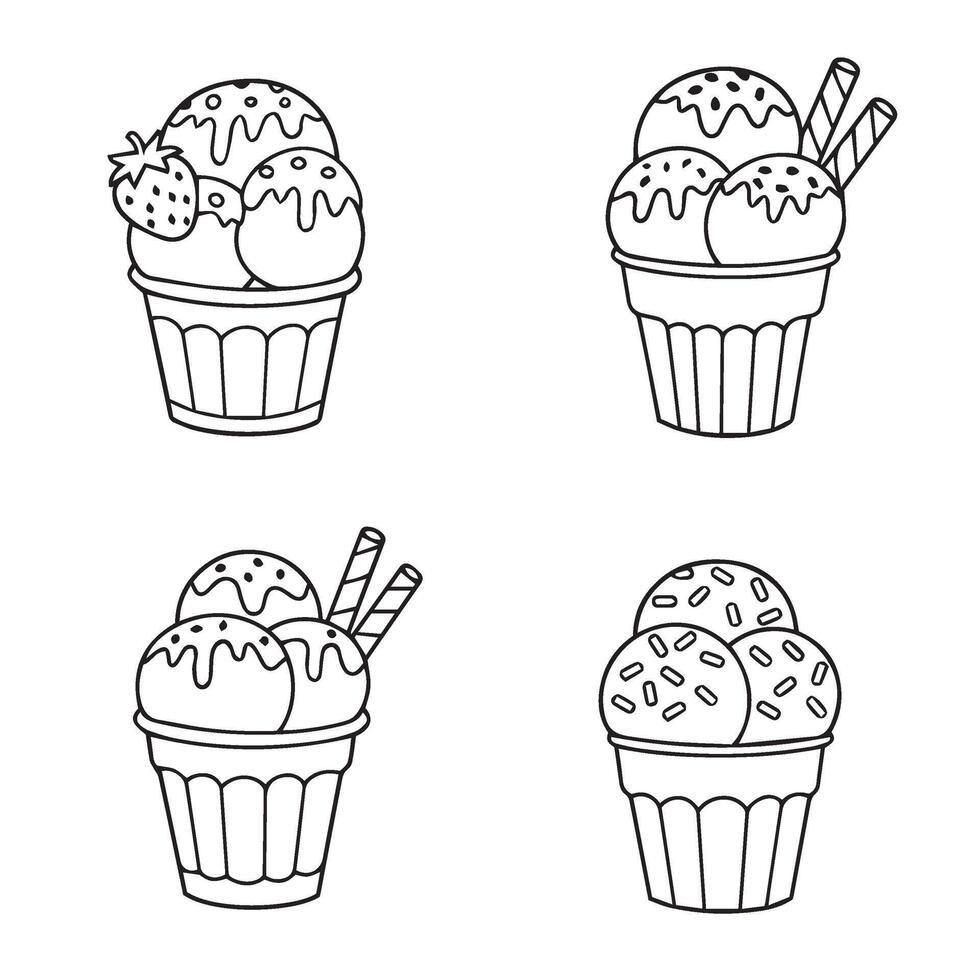 Scoop and Swirl Ice Cream Line Art with Decorative Cup Design and Drips vector
