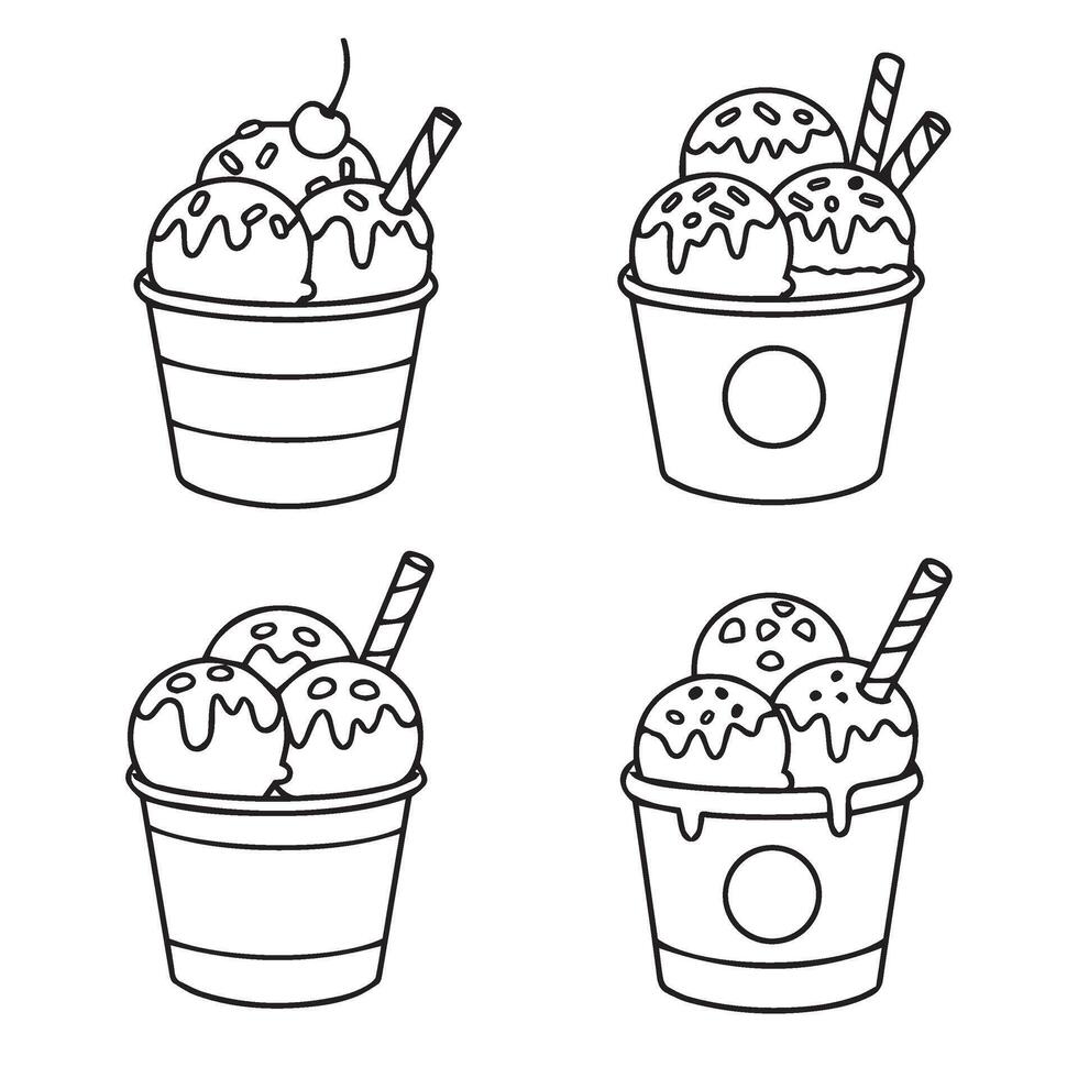 Fun Ice Cream Outline Illustration with Unique Cup Designs for Graphic Projects vector