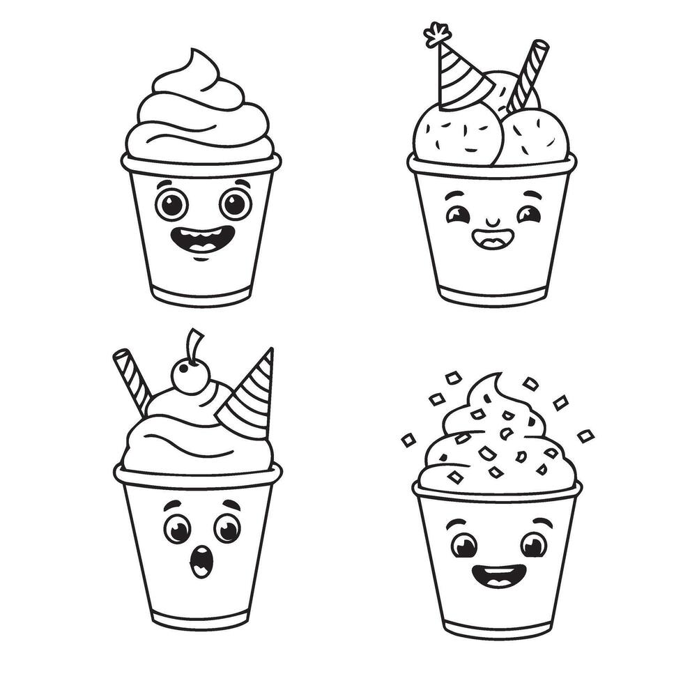 Yummy Ice Cream Cup Design with Toppings in Modern Clean Line Drawing Style vector