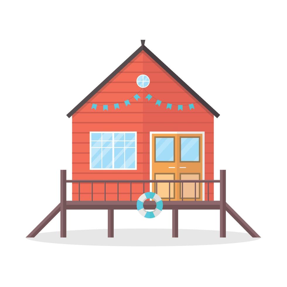 Beach house icon with railings and ramp. Summer vacation and travel concept. vector