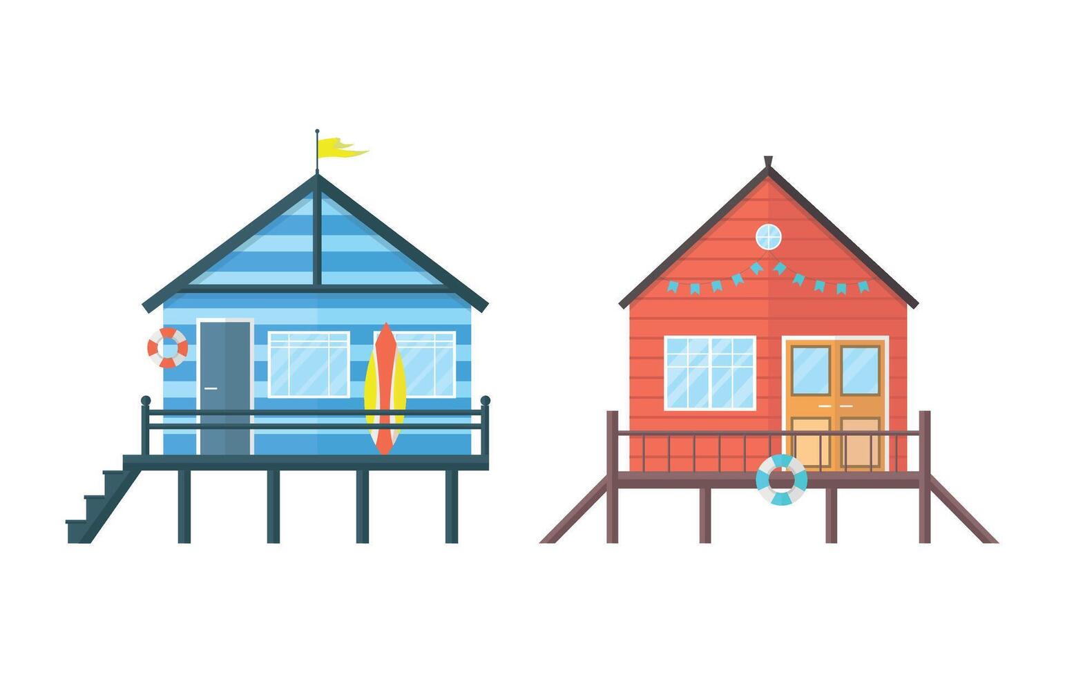 Beach house icons with surfboard, lifebuoys. Overnight houses, changing rooms. vector