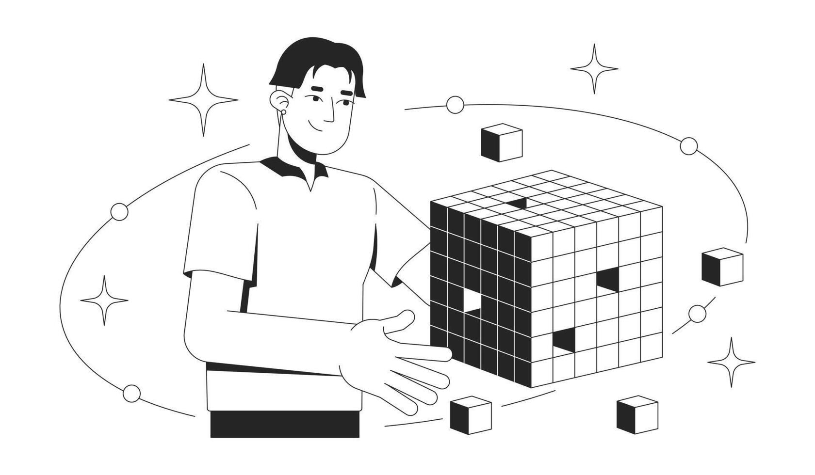 OLAP data cube analysis line illustration concept. Digital analytical processing. Business intelligence. Analyst with modular database outline 2D character isolated. Ink linear metaphor art vector