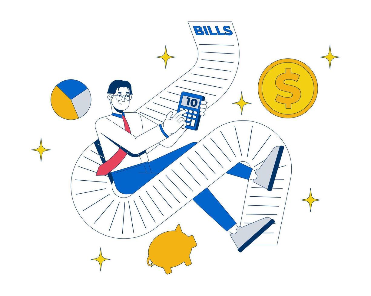 Paying bills happy 2D illustration concept. Expenses control. Financial review budget. Asian man accountant calculating taxes cartoon character isolated on white. Flat abstract metaphor vector