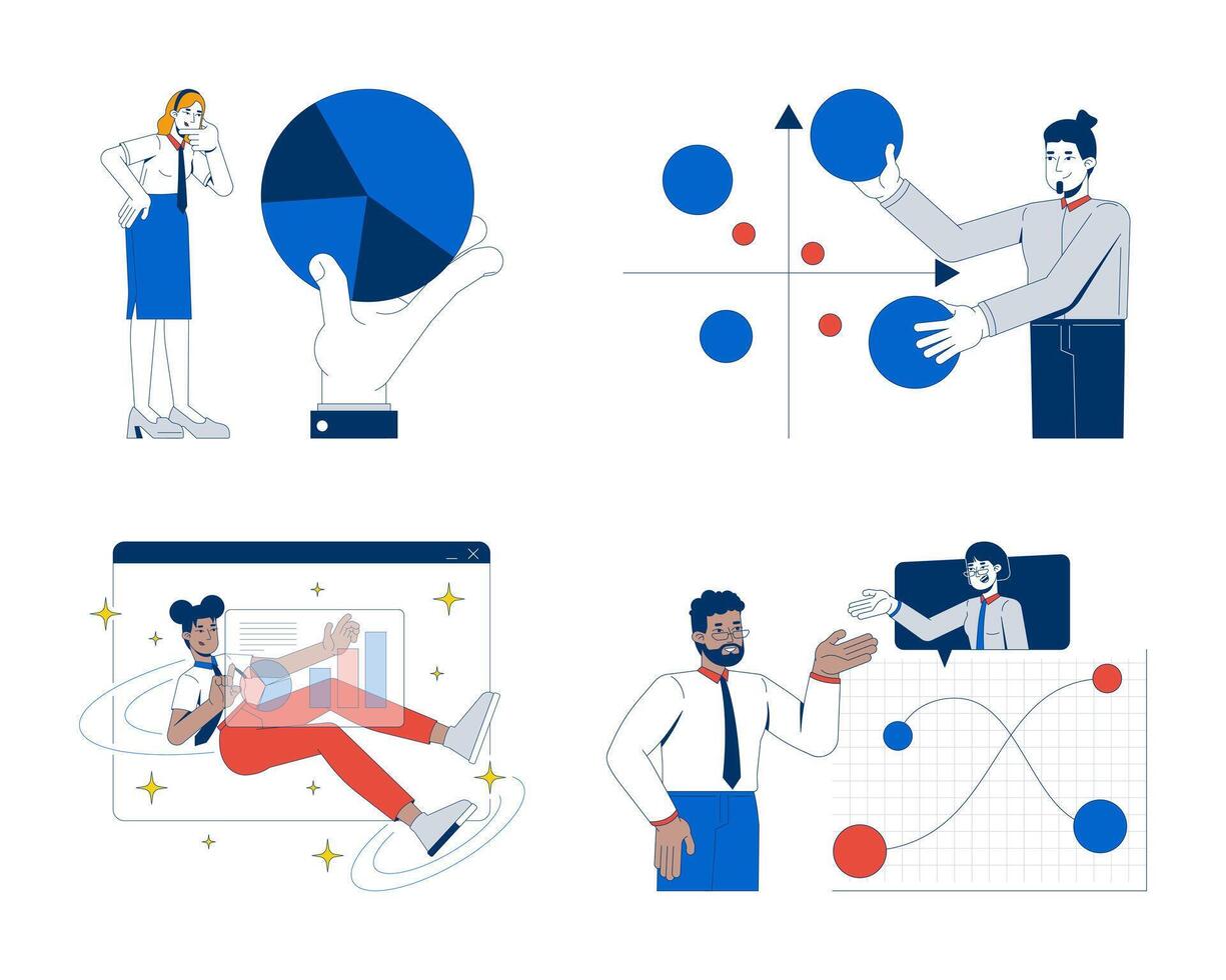 Diverse people with data visualization 2D illustration concepts set. Bubble chart, piechart, analysts graphs discussing cartoon characters isolated on white. Flat abstract metaphor collection vector