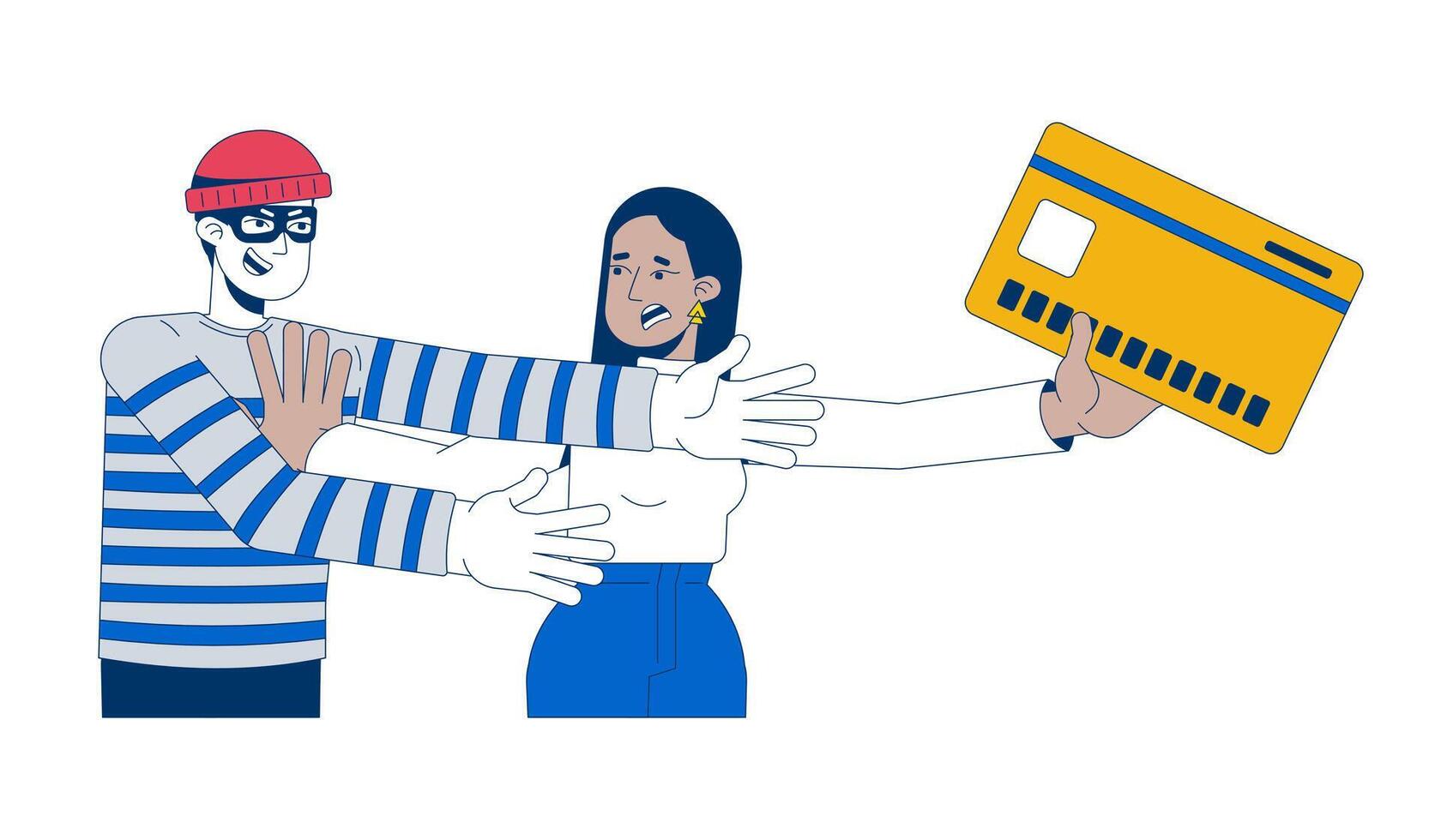 Protecting savings from thief 2D illustration concept. Financial scam prevention. Arab woman defending credit card from theft cartoon characters isolated on white. Flat abstract metaphor vector