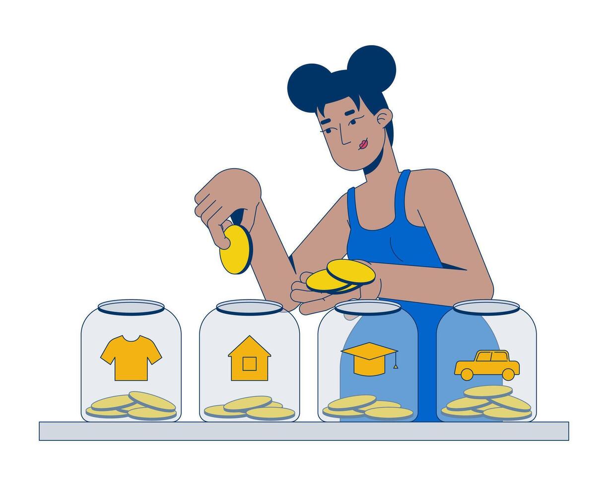 Smart budget allocation for saving goals 2D illustration concept. Black woman diving income for clothes, house, education, car jars cartoon character isolated on white. Flat abstract metaphor vector