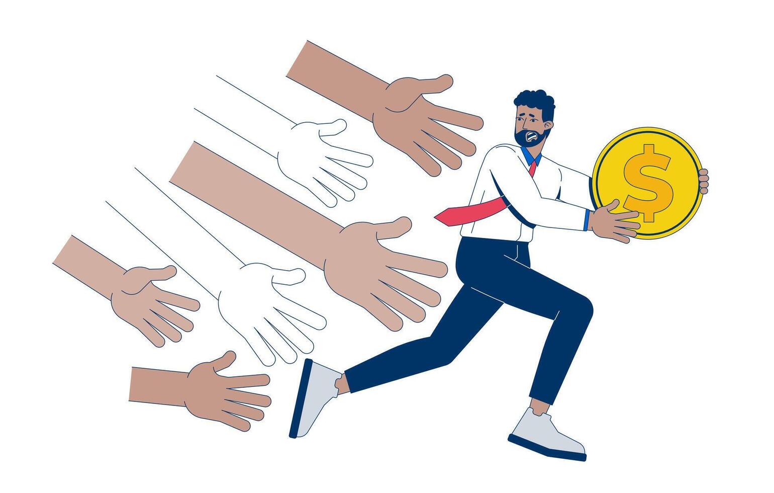 Challenges to saving money 2D illustration concept. Financial stress, taxation. Black man running with coin while hands reaching for cartoon character isolated on white. Flat abstract metaphor vector