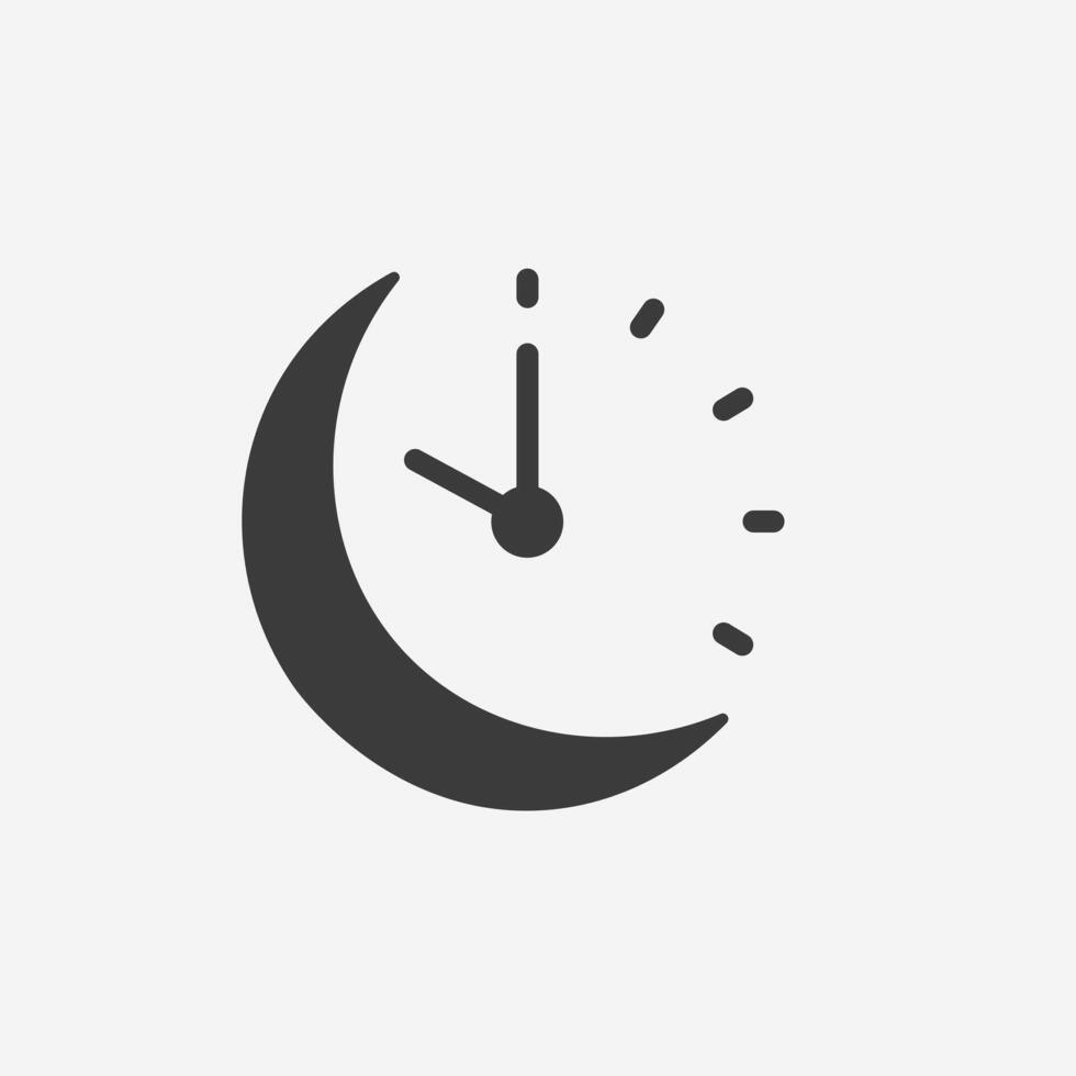 Crescent Moon And Clock Silhouette icon. Sleep Time, Bedtime Reminder Concept With ZZZ Glyph Symbol. vector