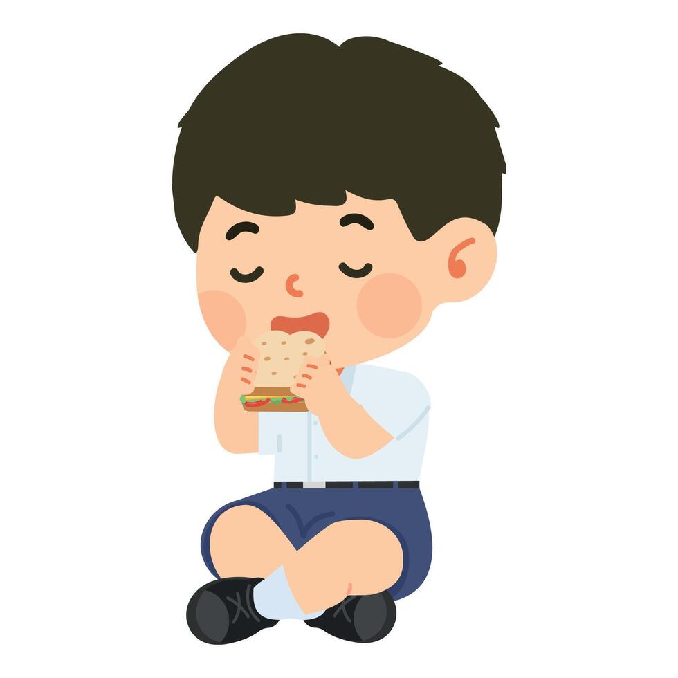 Boy Student Enjoying a Snack Outdoors vector