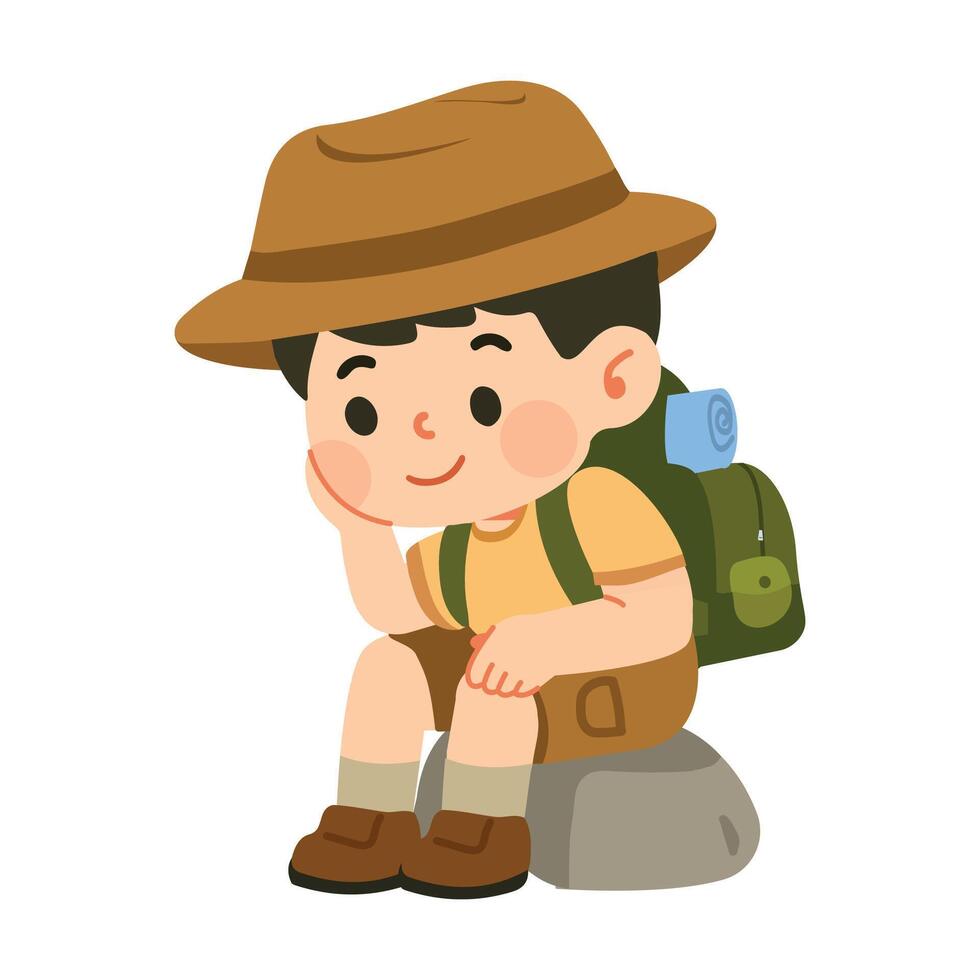 Boy Sitting on a Rock with Backpack vector